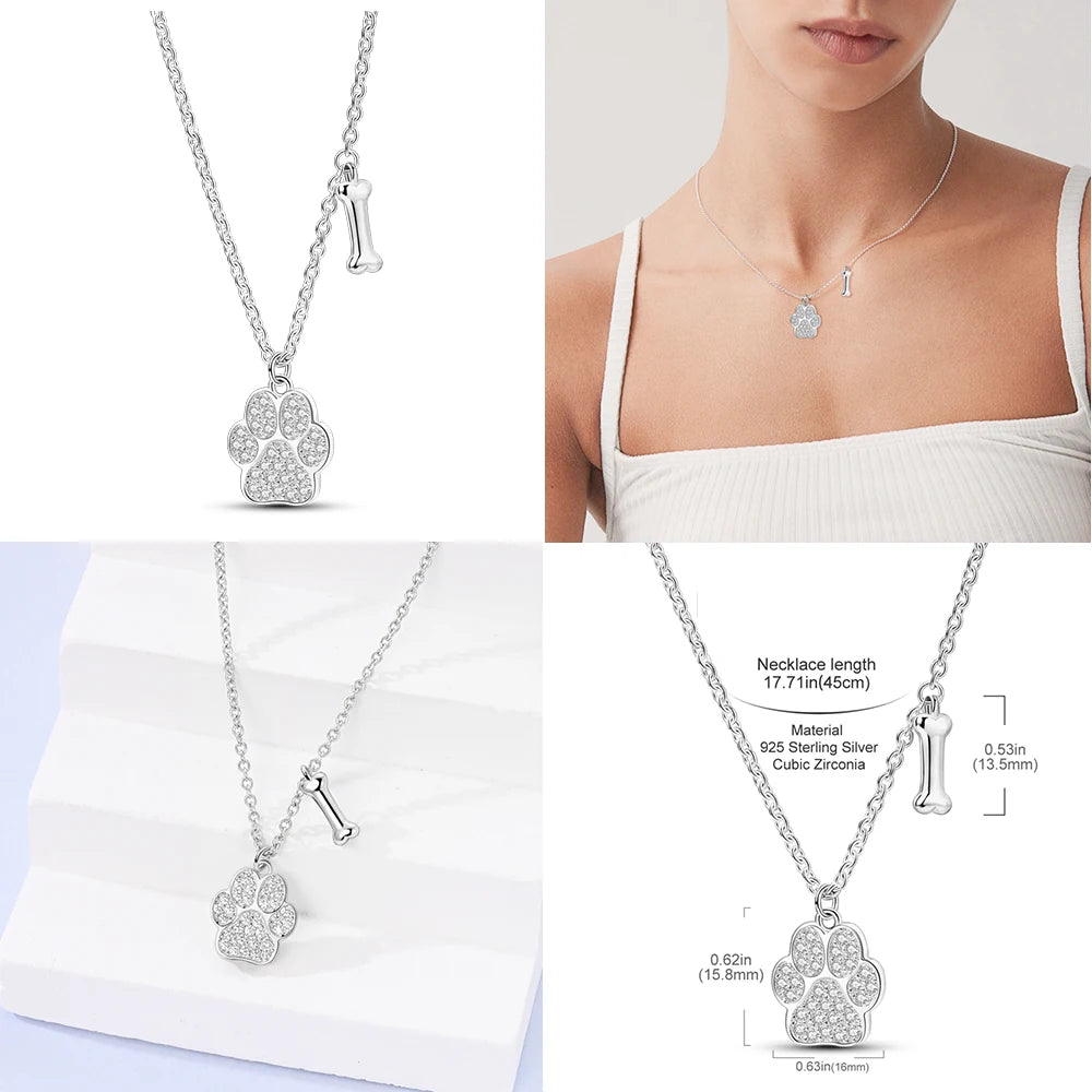 925 Sterling Silver Heart Chain Necklace for Women with Luxury Dog Paw Design Jewelry Gift