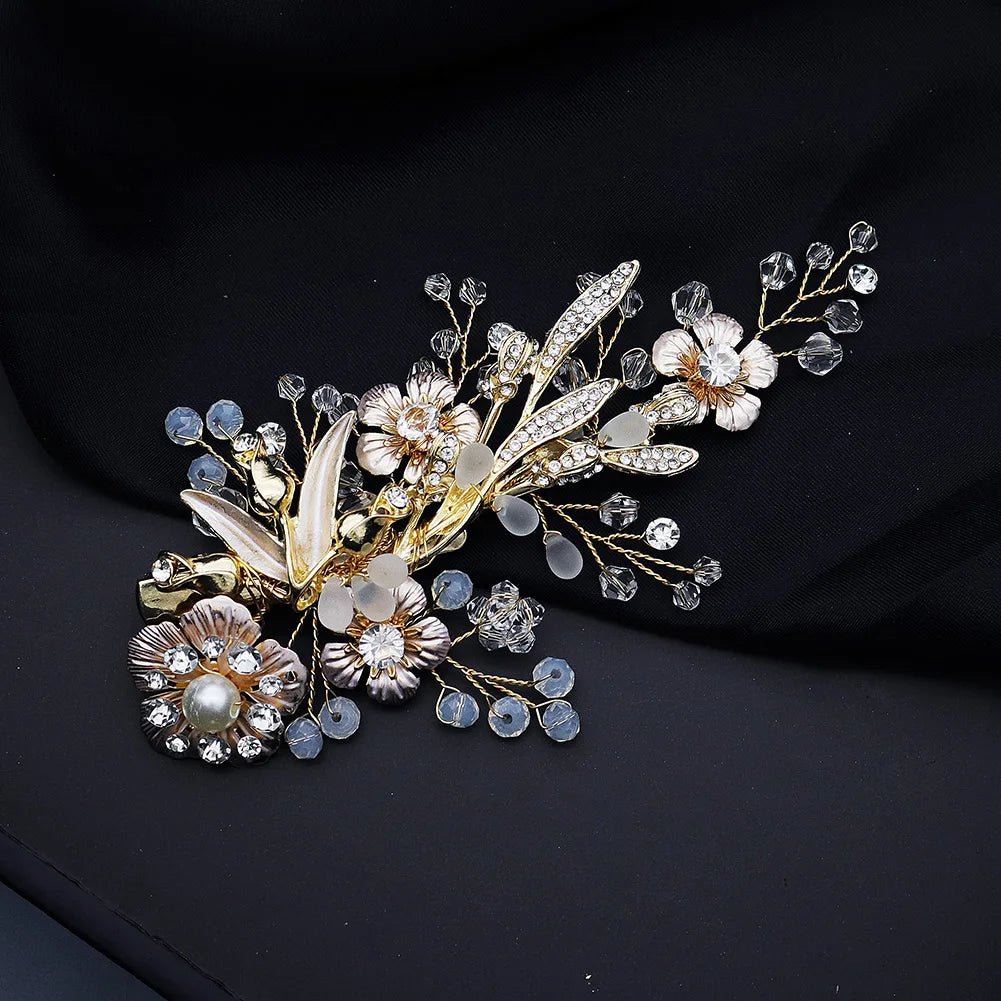 Vintage Golden Floral Hairpin With Frosted Crystal Pearls For Bridal Elegance