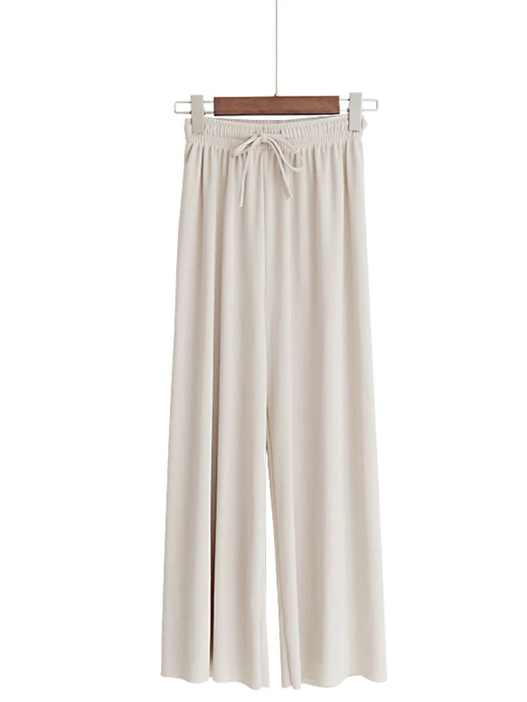 Summer Lace Up Wide Leg High Waist Pants for Women Ice Silk