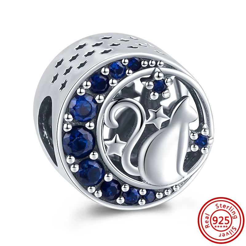 Sterling Silver Blue Zircon Feather Crown Moon Pendant Charm Bracelet Beads Y835 3mm-4mm