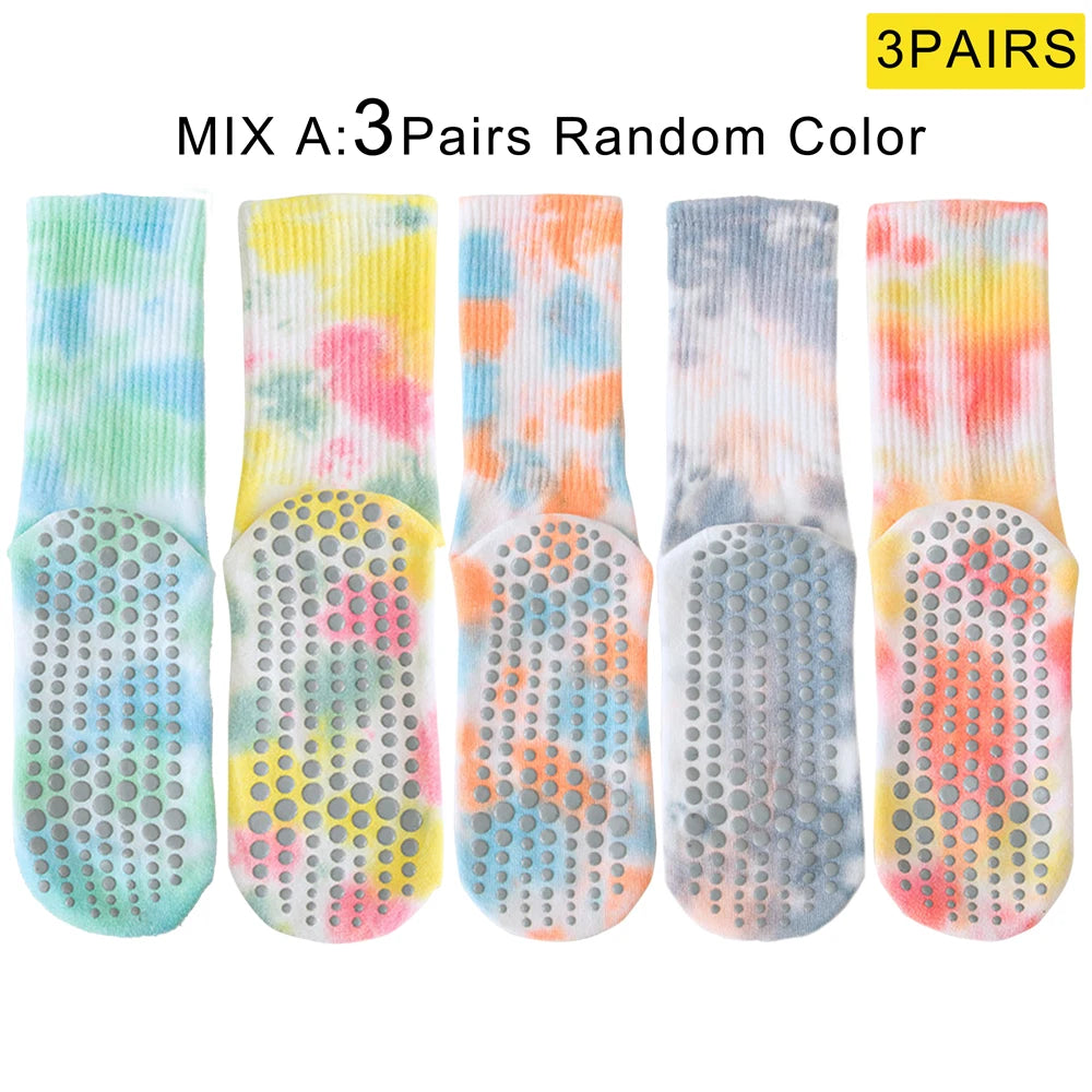 Tie Dye Yoga Socks 3 Pairs Anti Skid Cotton Blend Mid Calf