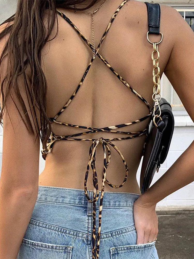 Leopard Print Backless Lace Up Crop Tank Top Summer