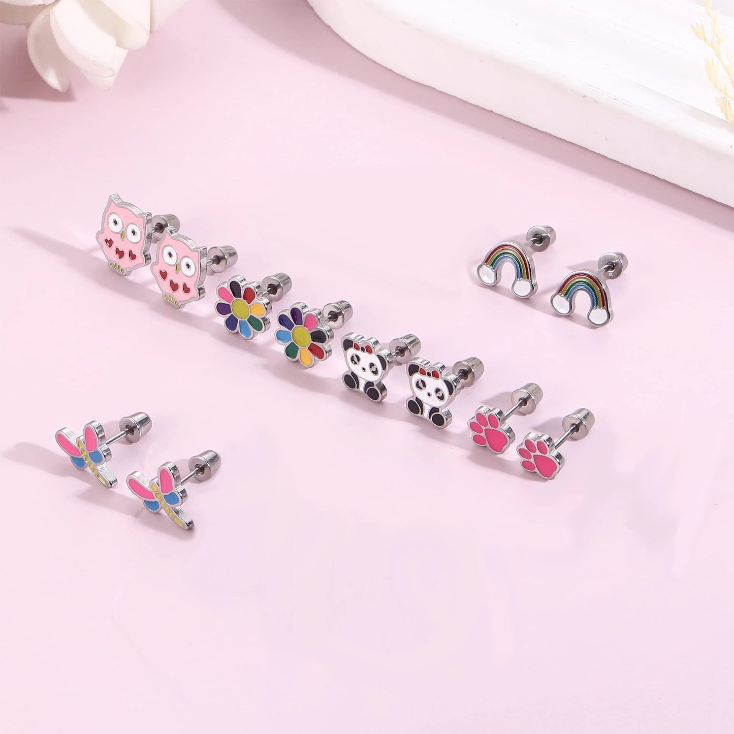 Charming Animal and Flower Stud Earrings Set for Girls with Secure Screw-Backs