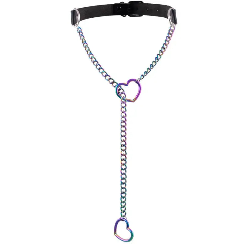 Heart Slip Chain Y Necklace Black Leather Choker for Women