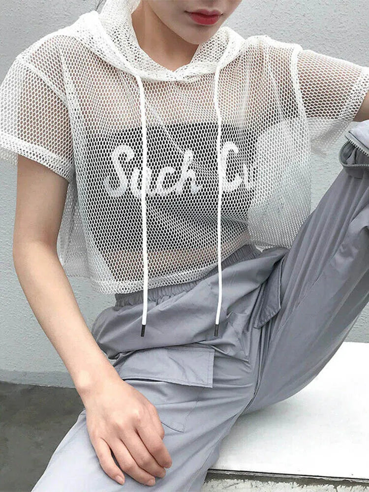 Womens Hollow Mesh Hooded Tee Transparent Black Partywear