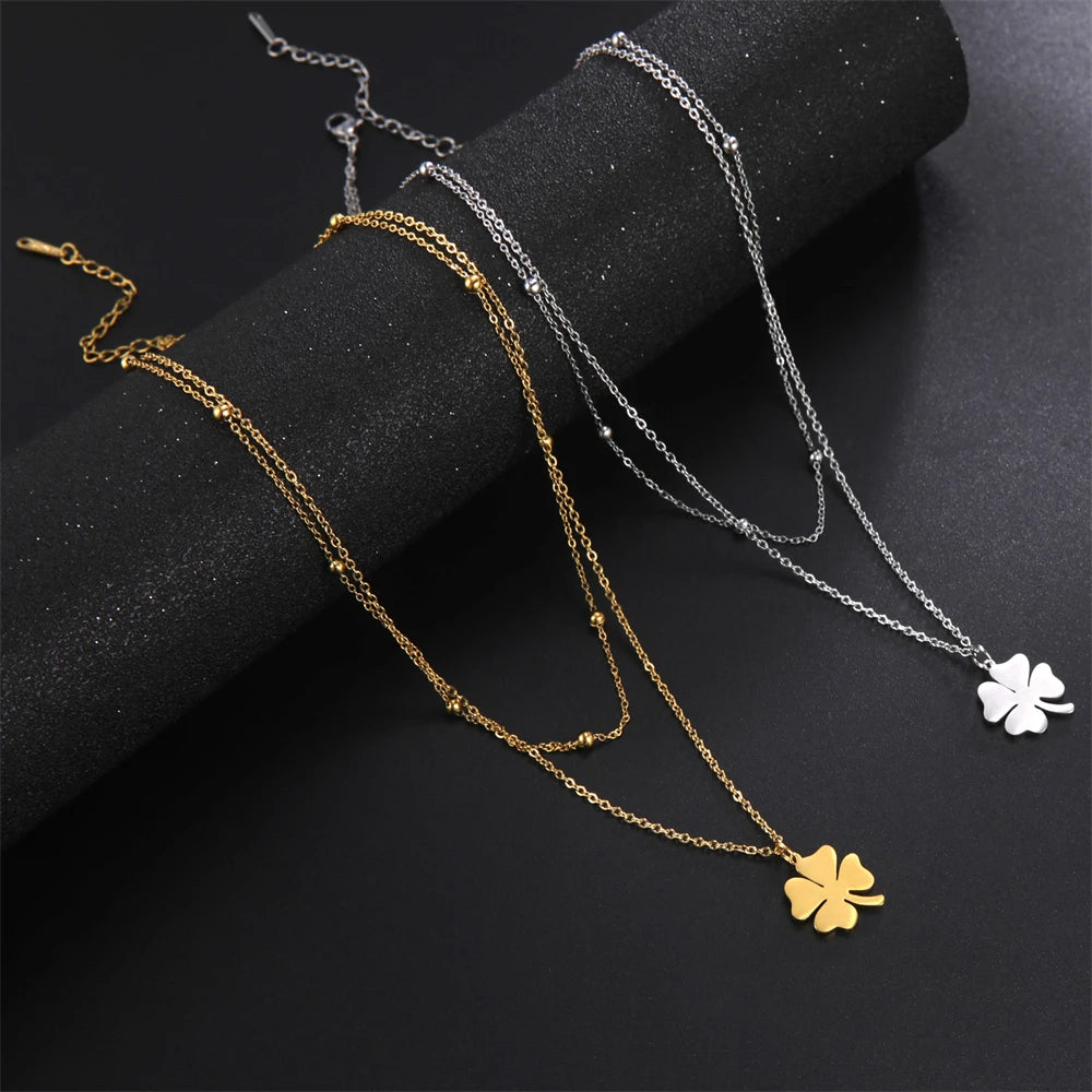Cazador 2025 Lucky Clover Pendant Necklace Gold Color Double Layer Stainless Steel Jewelry for Women and Girls