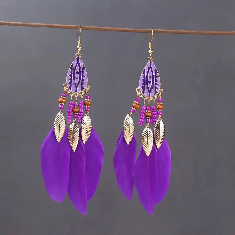Bohemian Long Feather Drop Earrings with Tassel Beads and Enamel Flowers for Women