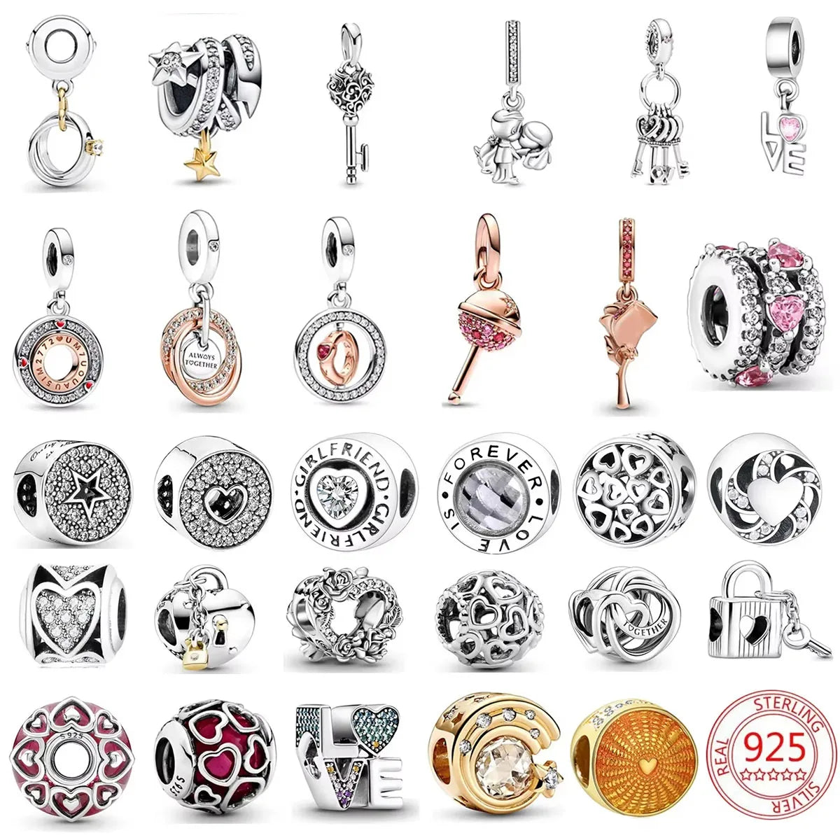925 Sterling Silver Angel Mom Heart Key Lock Charms Beads for DIY Necklace and Bracelet Jewelry Gift