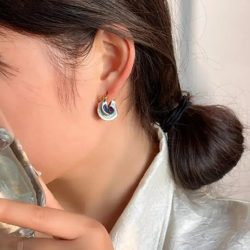 New Trendy Enamel Blue Metal Small Hoop Earrings for Women e1709lan