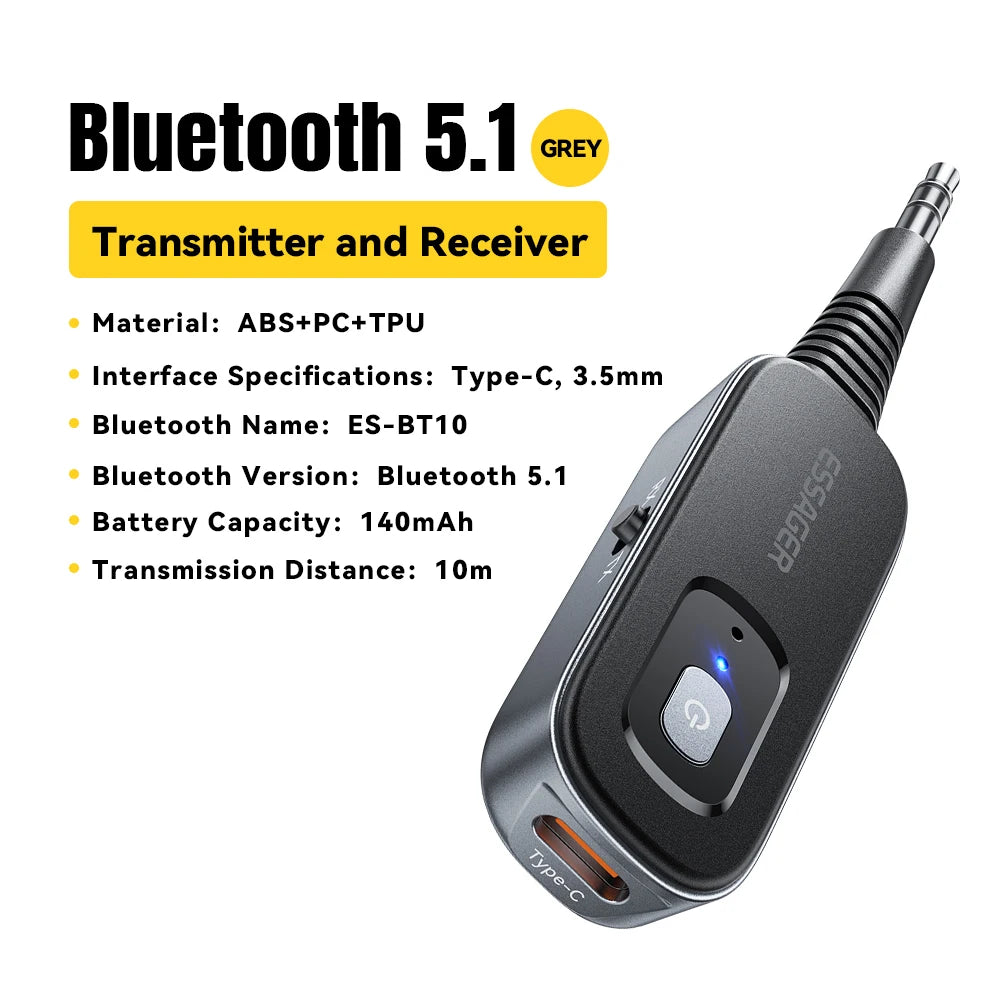 Essager Bluetooth 5.1 Wireless Audio Receiver and Transmitter with 35mm AUX and Mic for PC TV Car Speakers