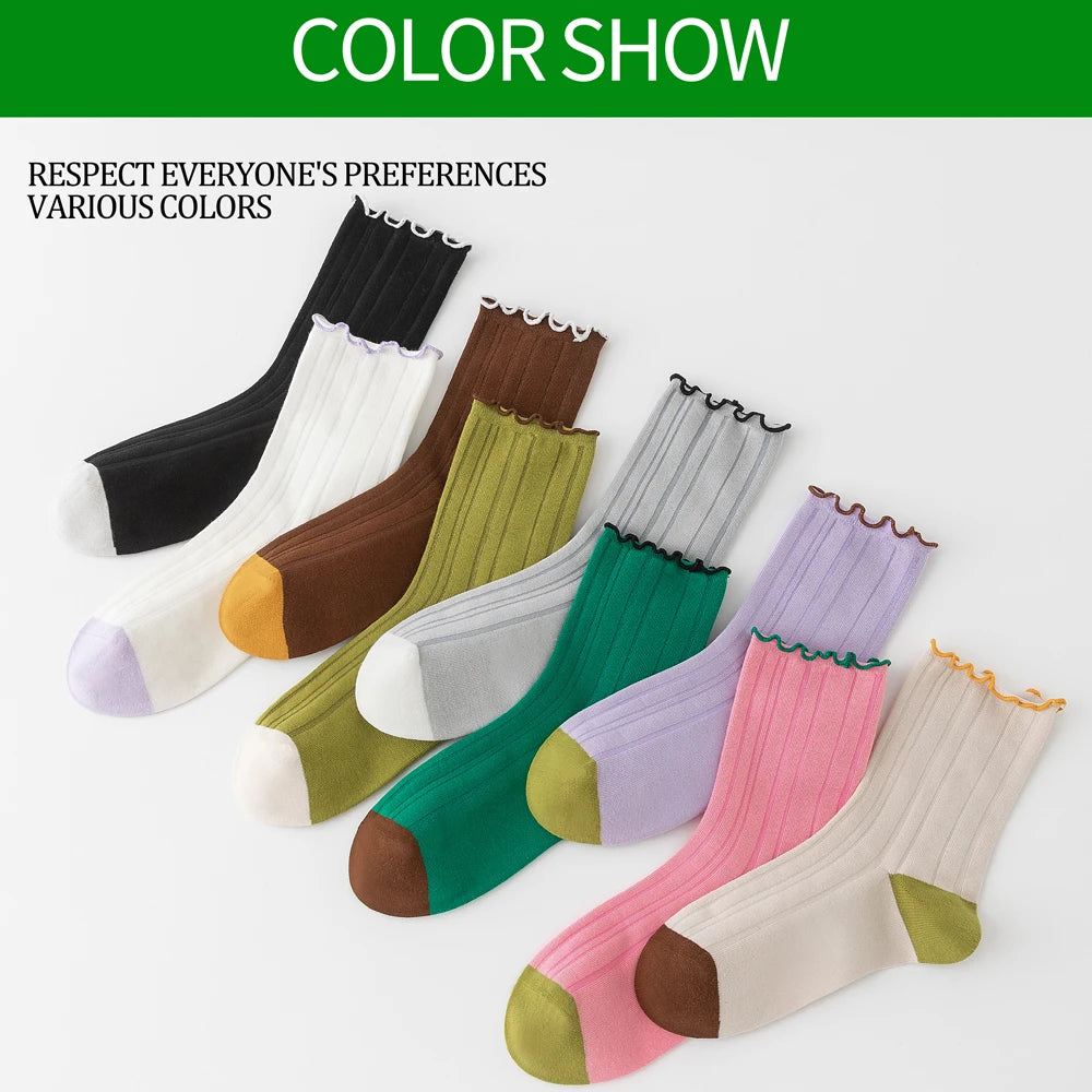 6 Pairs Lace Trim Cotton Mid Crew Antibacterial Socks