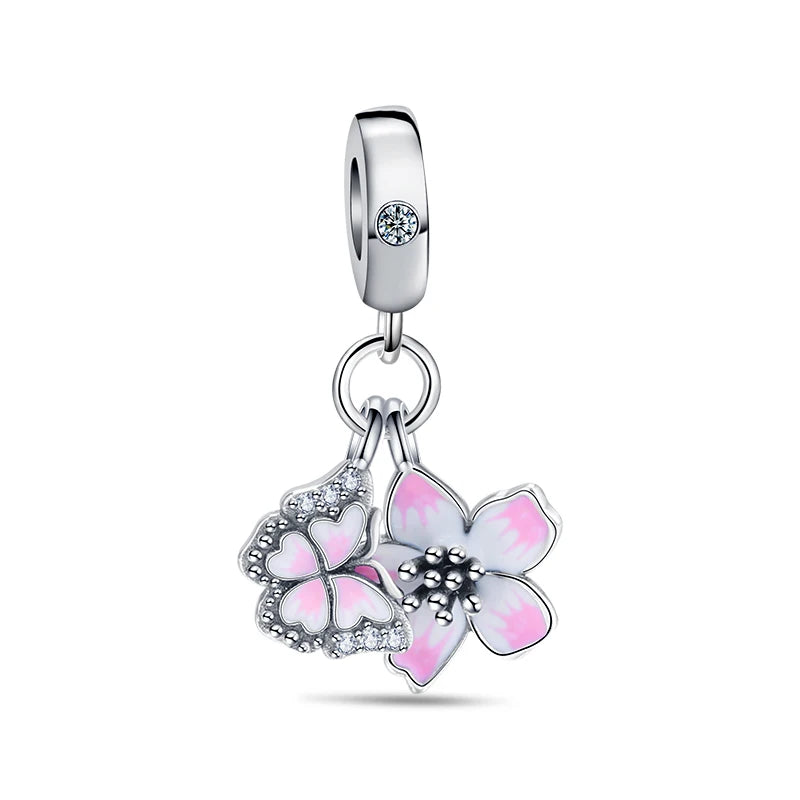 Springtime 925 Silver Pink Flower Ice Cream Charm Pendant for DIY Bracelets N385