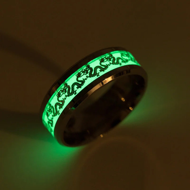 Luminous Dragon Stainless Steel Ring for Men - Glowing Green Animal Jewelry Gift