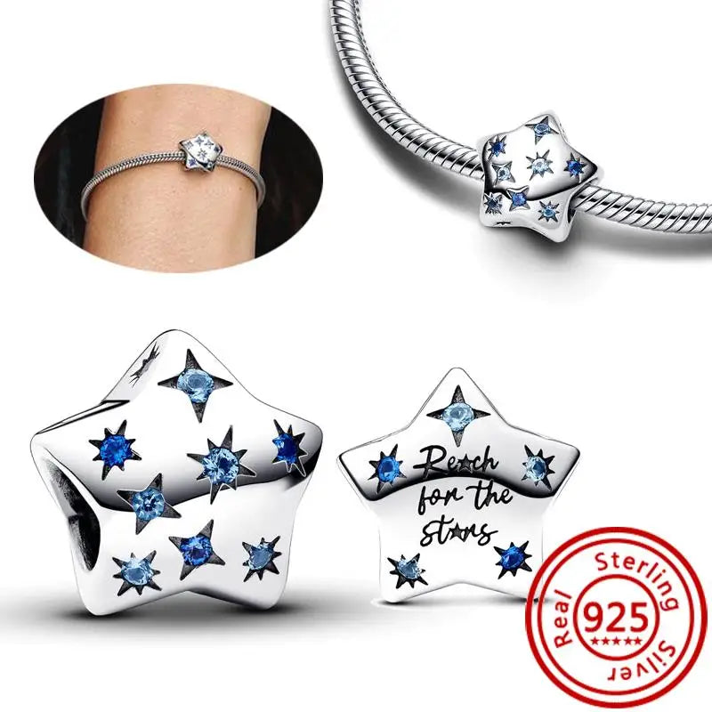 Sterling Silver Blue Zircon Feather Crown Moon Pendant Charm Bracelet Beads H370 3mm-4mm