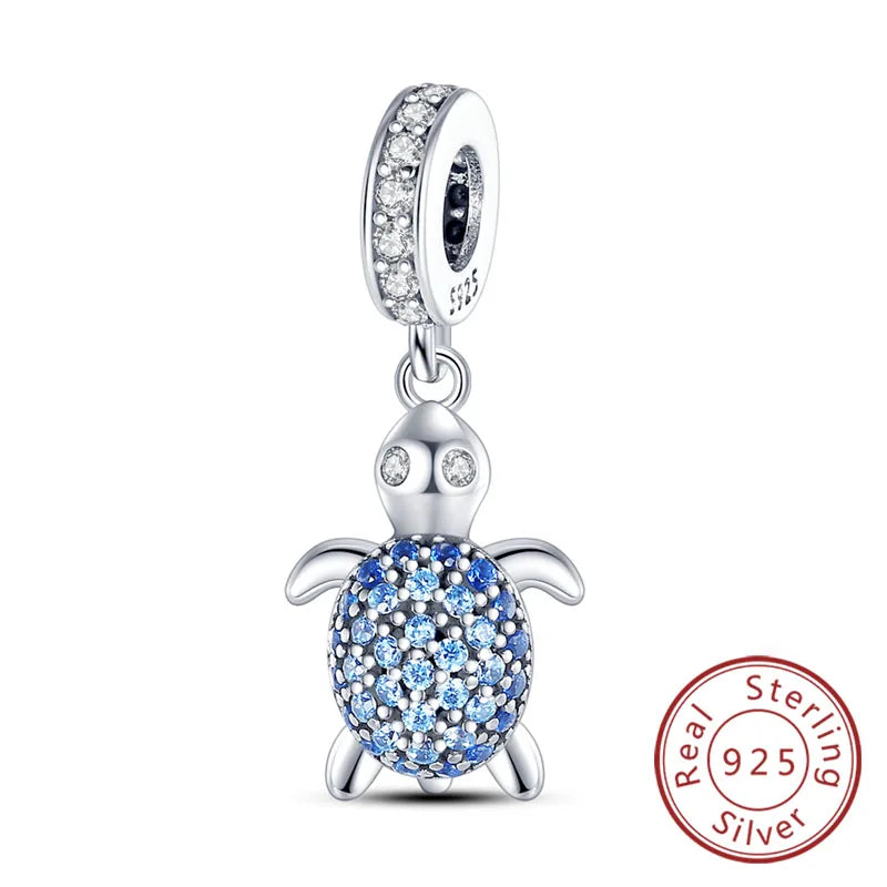 925 Sterling Silver Ocean Turtle Beach Charms Blue Shell