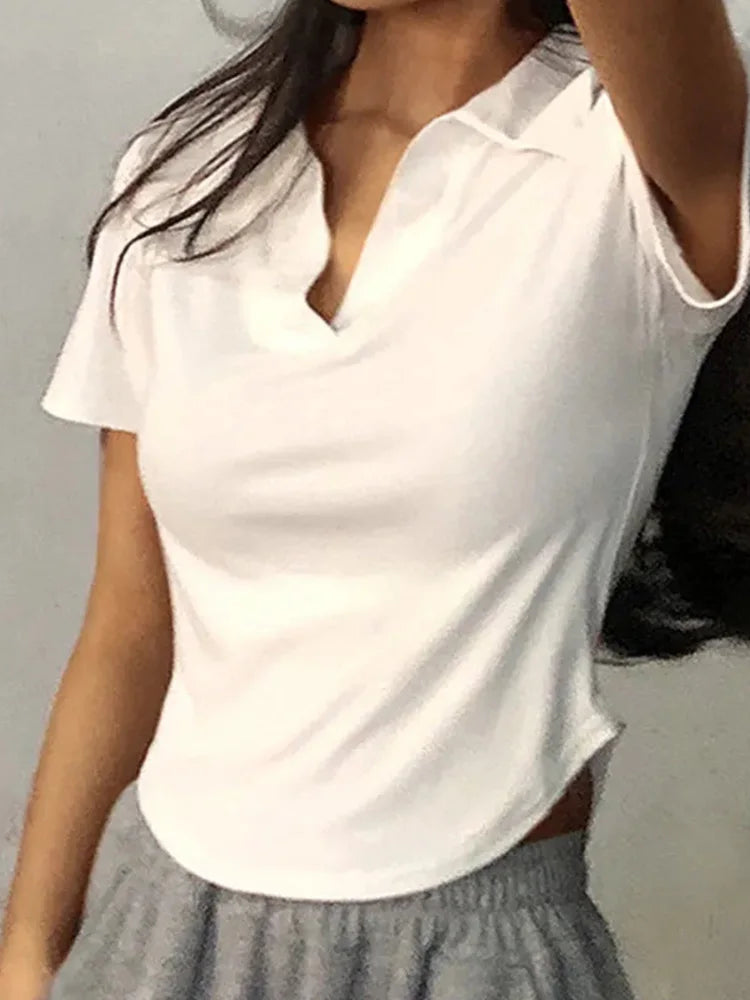 Women Summer Crop V Neck Slim Short Sleeve Knit Top