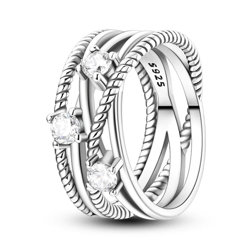 Women's Classic Geometric 925 Sterling Silver Ring with Overlapping Zircon KJR112 1 7