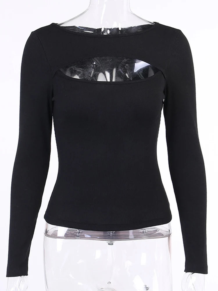Autumn Women Hollow Out Knit Long Sleeve O Neck Tee Black