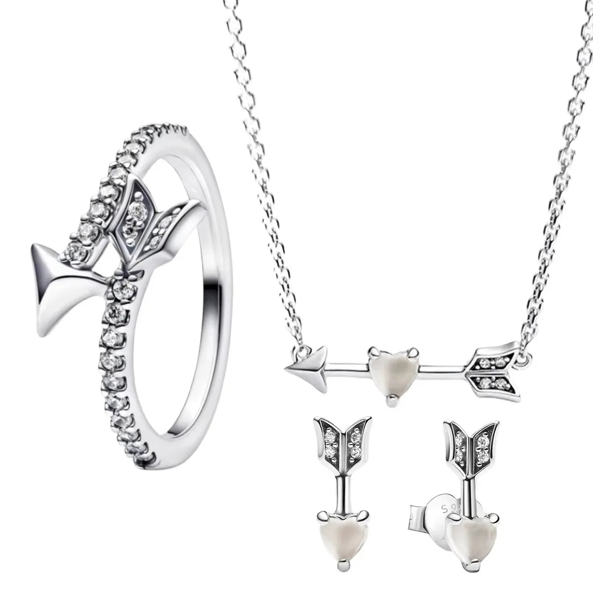 925 Silver Heart Arrow Jewelry Set with Colorful Zircon Sparkling Ring Earrings and Necklace Valentines Day Gift for Women