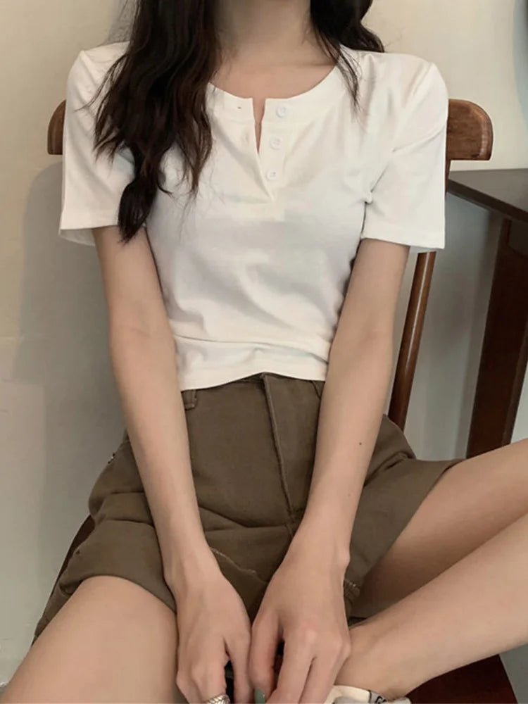 Women Open Button Crop Tee Shirt V Neck Short Sleeve