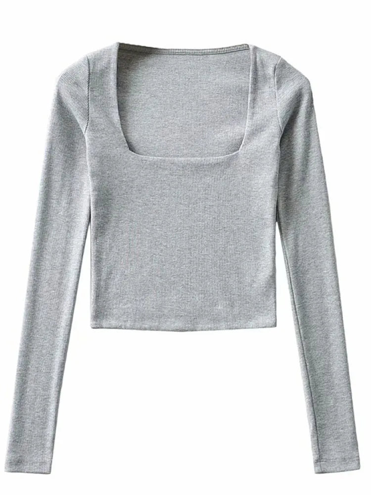 Women Cotton Ribbed Square Neck Crop Top With Long Sleeve