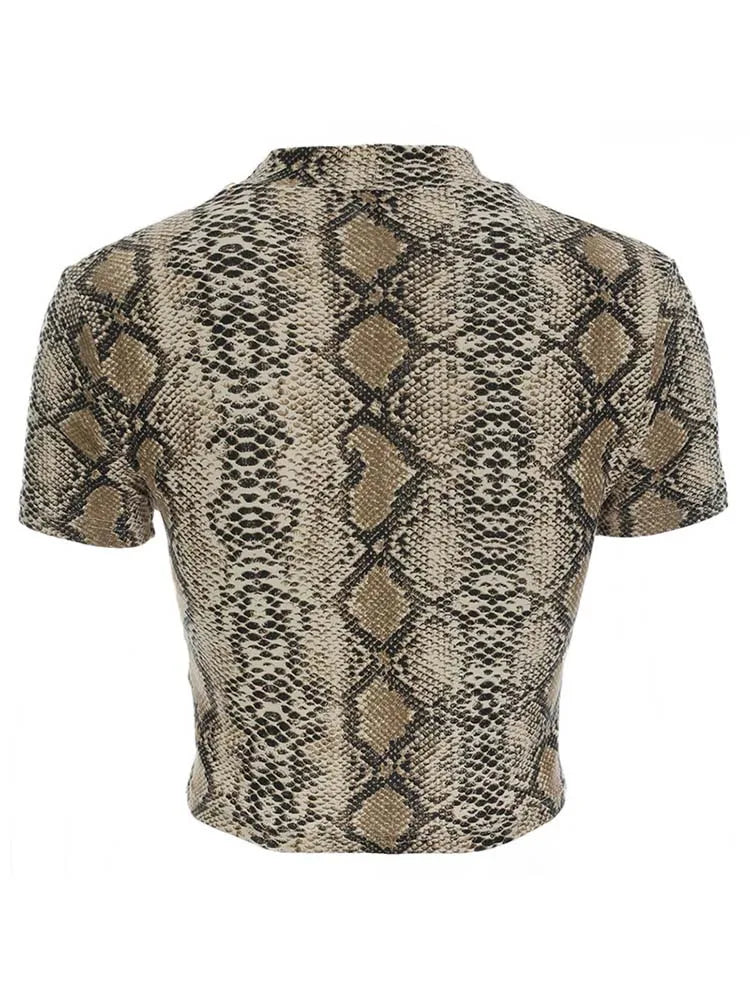 Dozw Snake Print Crop Top Women Sexy High Collar Slim Fit