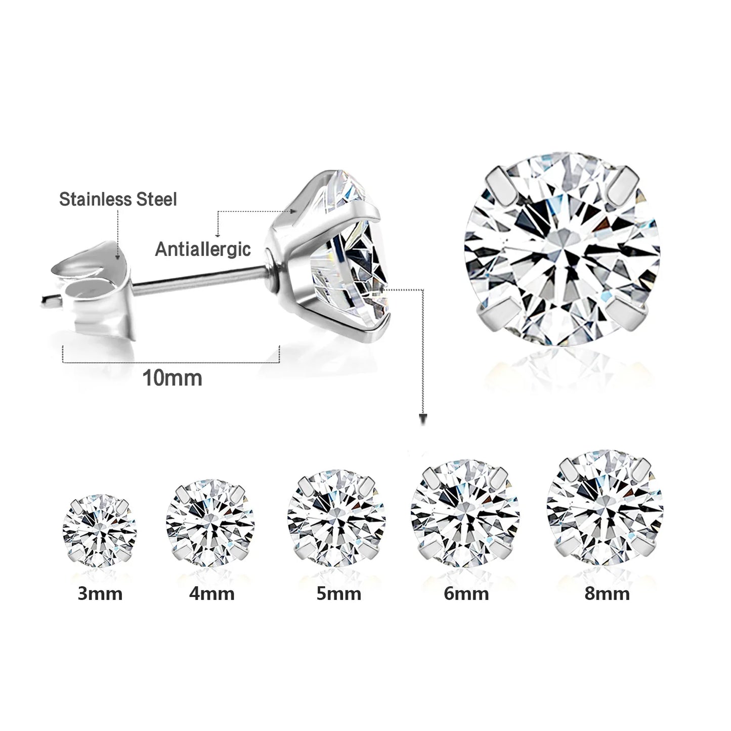 LUXUSTEEL Men's Crystal Zircon Stud Earrings 316L Stainless Steel Anti Allergic Cartilage Piercing 3-8mm