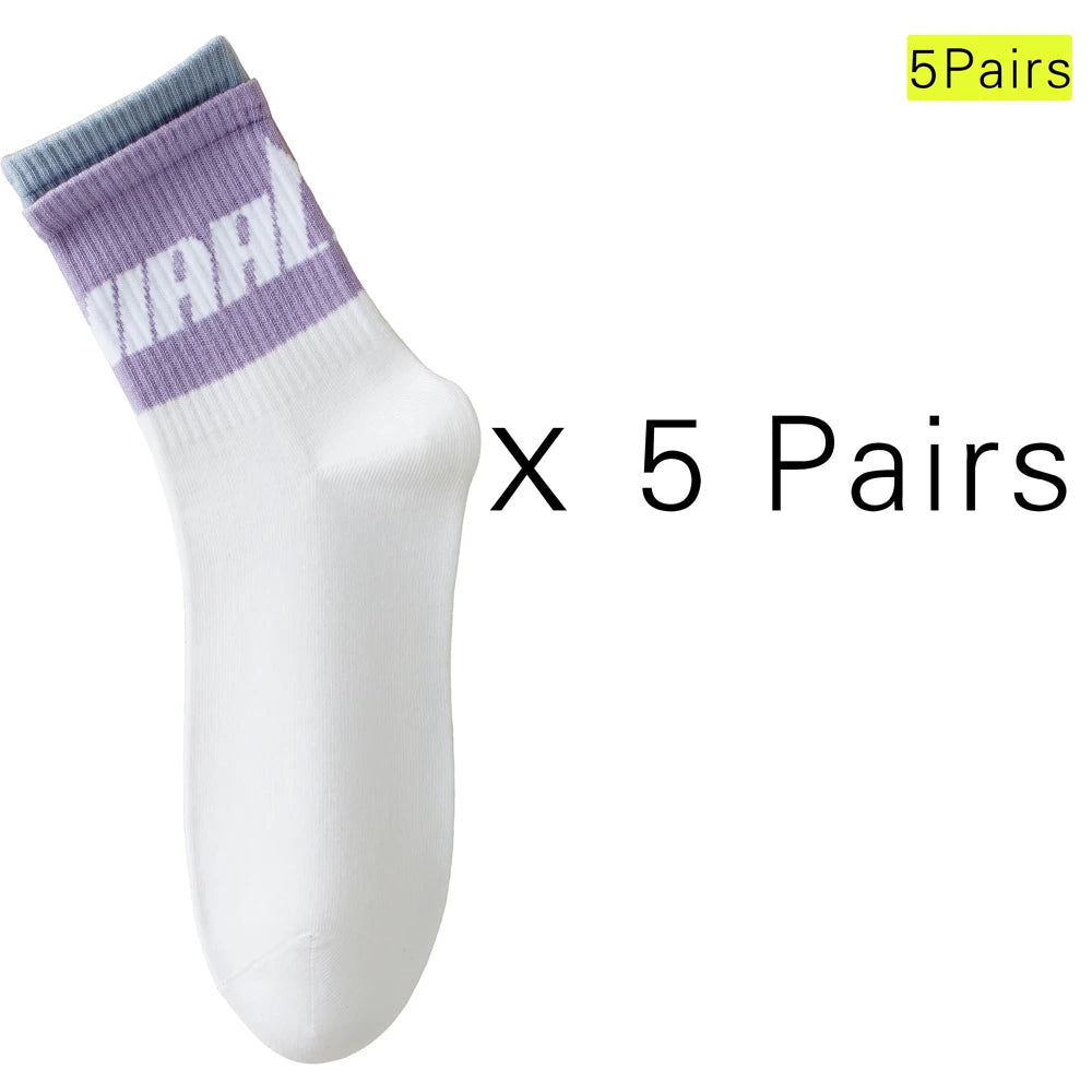 5 Pairs Colorful Breathable Cotton Mid Calf Athletic Socks