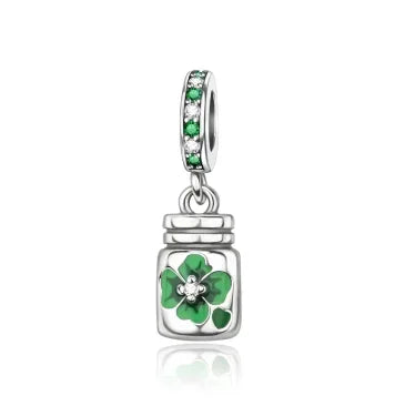 Lucky Four Leaf Clover Dangle Charm Sterling Silver Family Tree Flower Bead Pendant for Bracelets and Necklaces