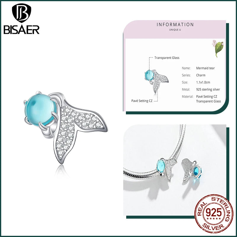 BISAER Ocean Charm 925 Sterling Silver Dolphin and Mermaid Bead with Blue CZ for DIY Jewelry ECC1226 CHINA