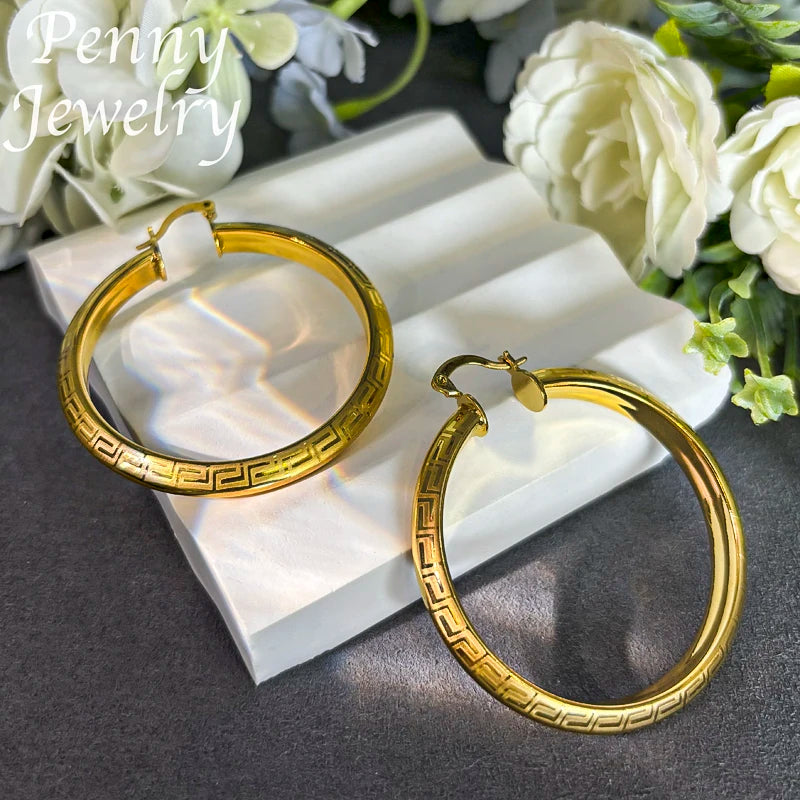 Big Round 18K Gold Plated Hoop Earrings for Women Vintage Copper Circle Jewelry Set