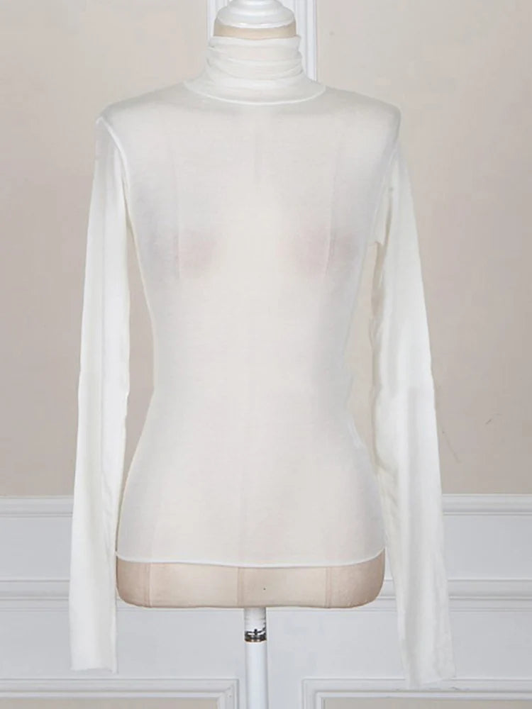 Fall 2024 Women See Through Long Sleeve Turtleneck Top