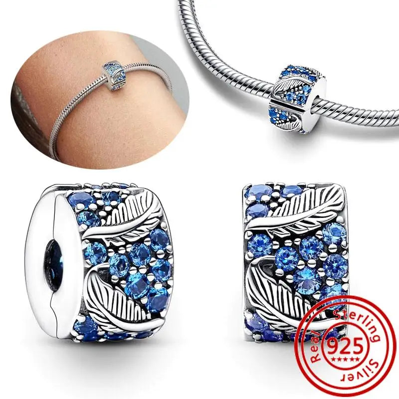 Sterling Silver Blue Zircon Feather Crown Moon Pendant Charm Bracelet Beads H244 3mm-4mm