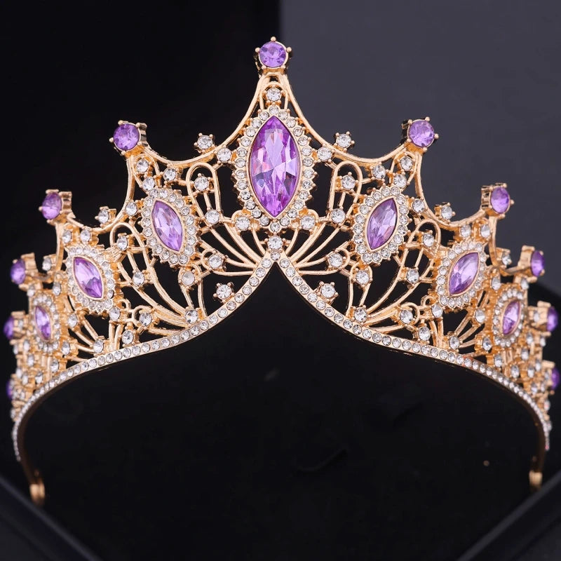 Crystal Crown Bridal Jewelry Set - 3Pcs Rhinestone Necklace & Earring Accessories Purple