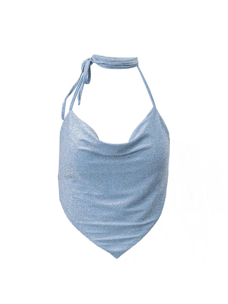 Dozw Glitter Halter Crop Top Backless Blue Silk For Women