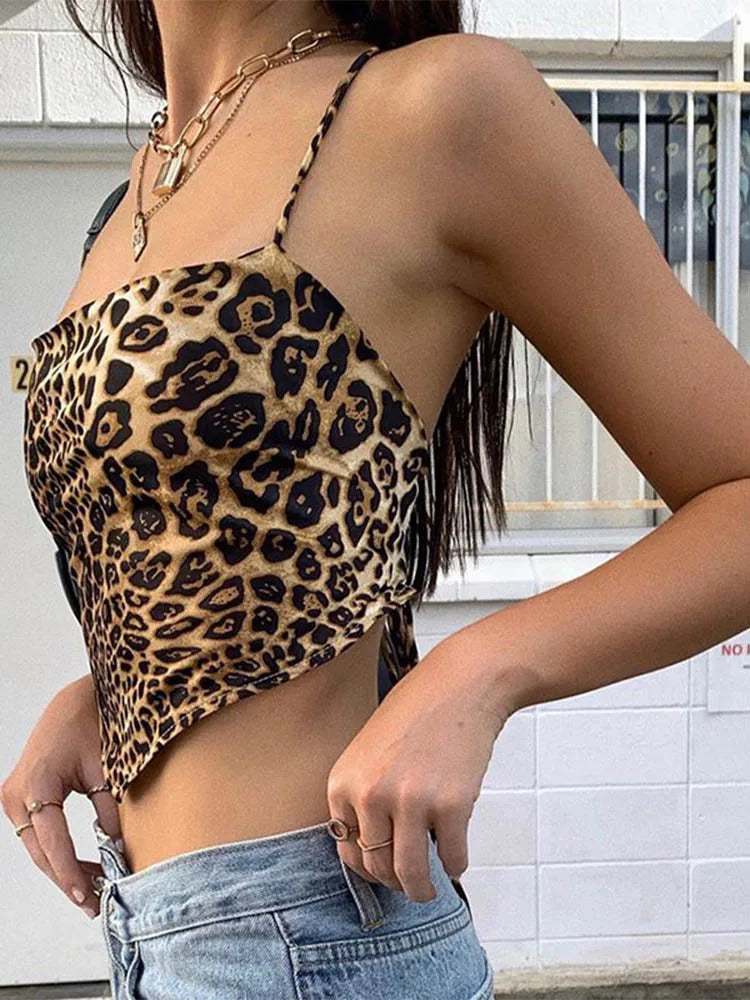 Leopard Print Backless Lace Up Crop Tank Top Summer