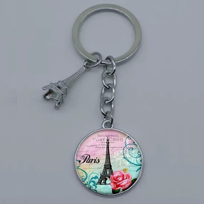 Paris Eiffel Tower Glass Pendant Keychain for Women with Artistic Design