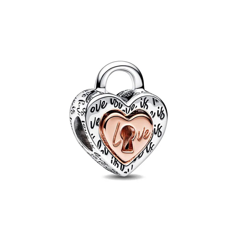Rose Gold Padlock Heart Key Pendant Necklace for Women 925 Silver with Zircon Beads P1451