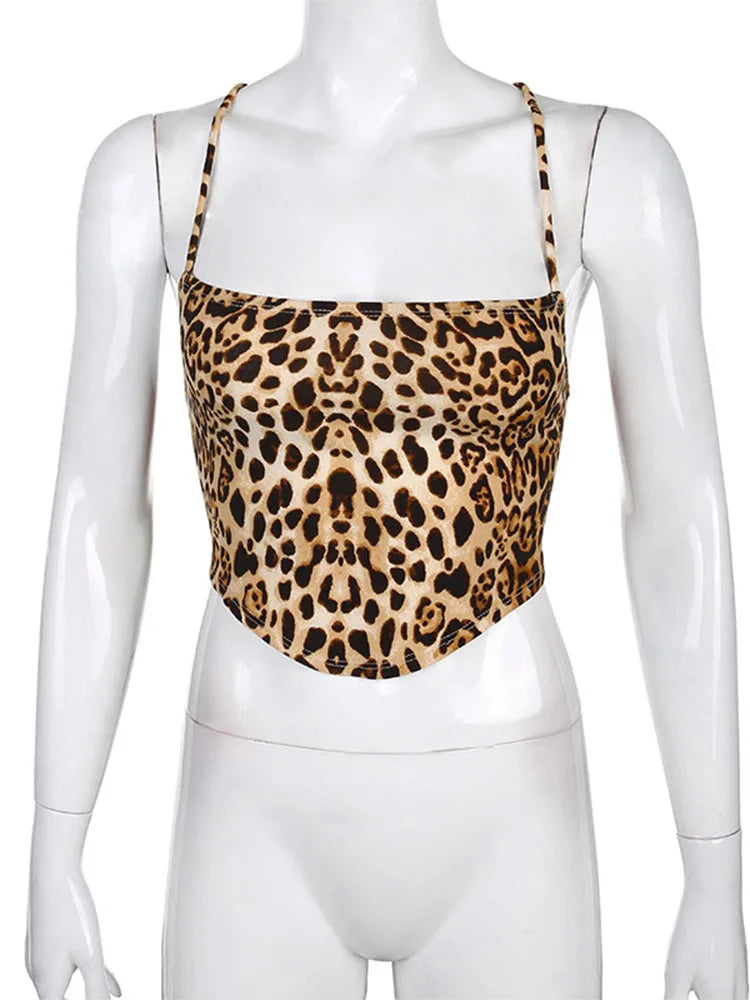 Leopard Print Backless Lace Up Crop Tank Top Summer