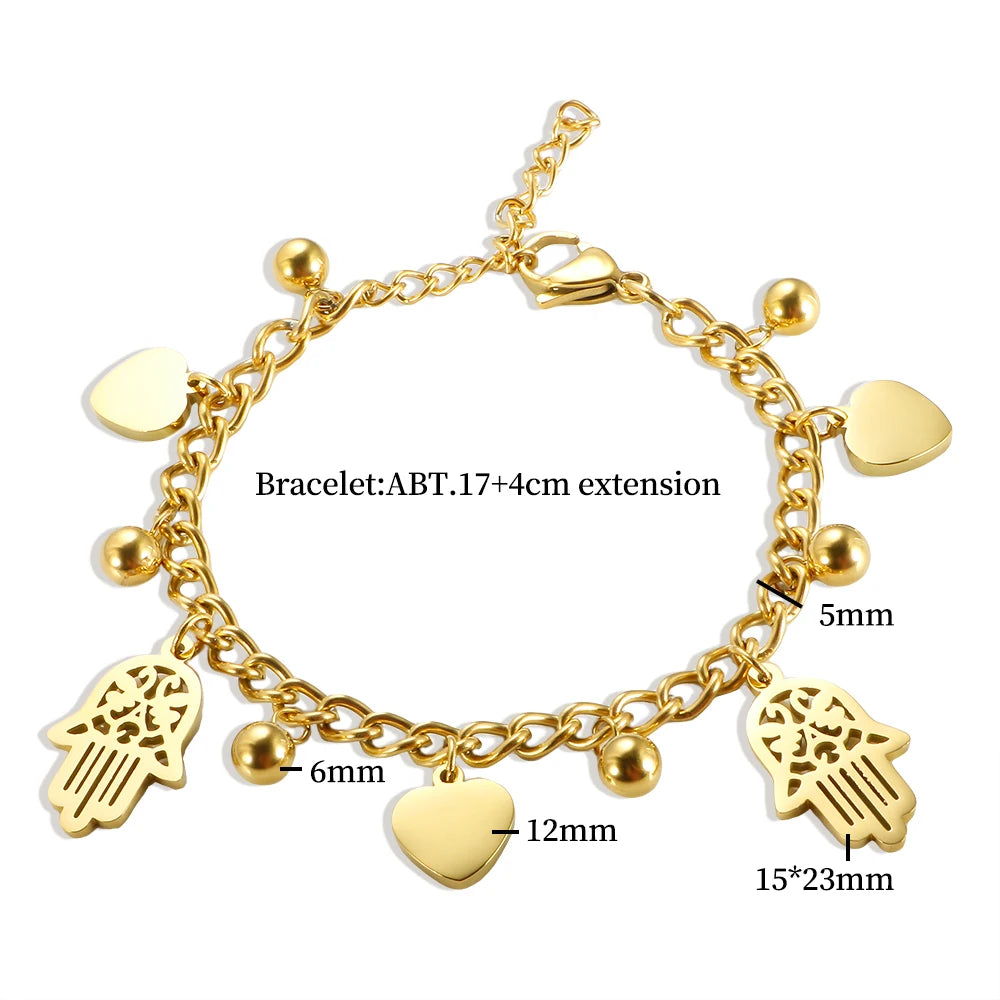 Trendy Gold Plated Stainless Steel Palm Heart Bracelet for Women with Cuban Link Chain and Round Ball Design