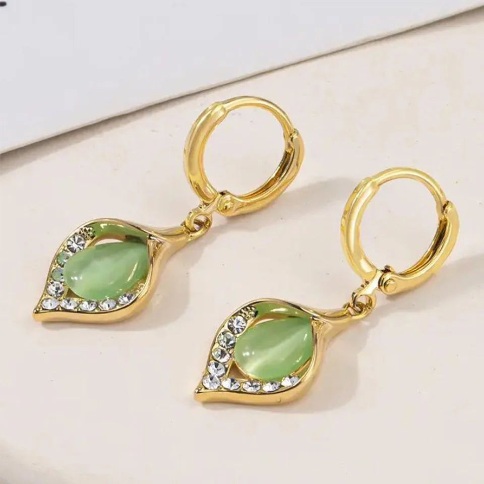 Korean Angel Eye Gold-Plated Hoop Earrings with Rhinestone Tulip Design for Women Green
