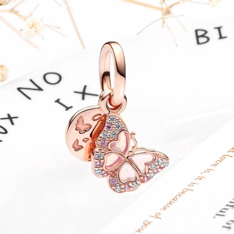 Rose Gold Winged Angel Heart Charm Bead Pink Daisy Spacer