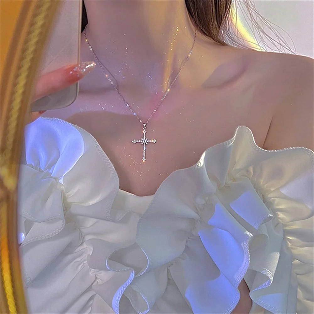 Elegant Crystal Cross Pendant Necklace Silver Star Jewelry for Women NJ-1034