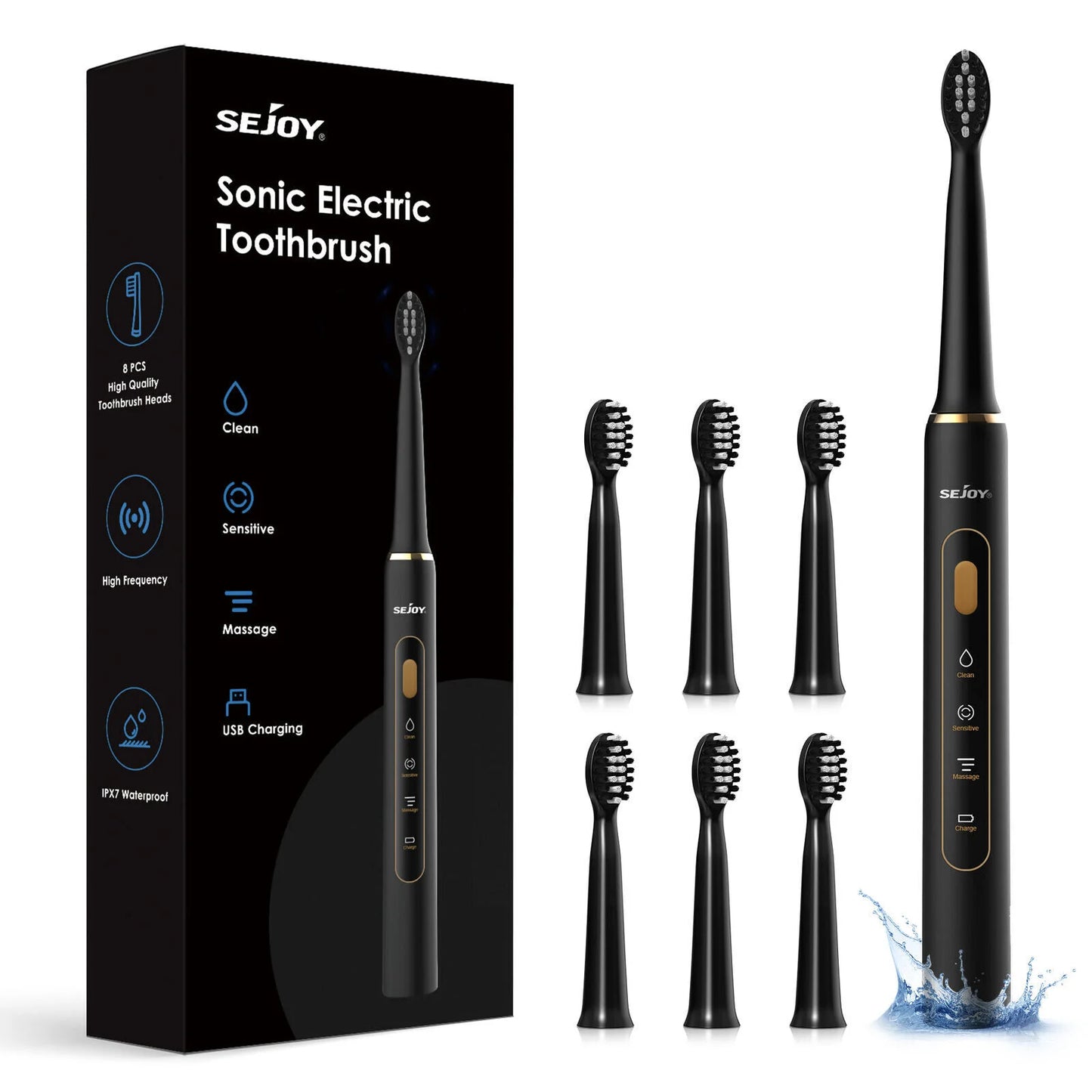 SEJOY Oral Cleaning Sonic Electric Toothbrush IPX7 3 Modes TB Black