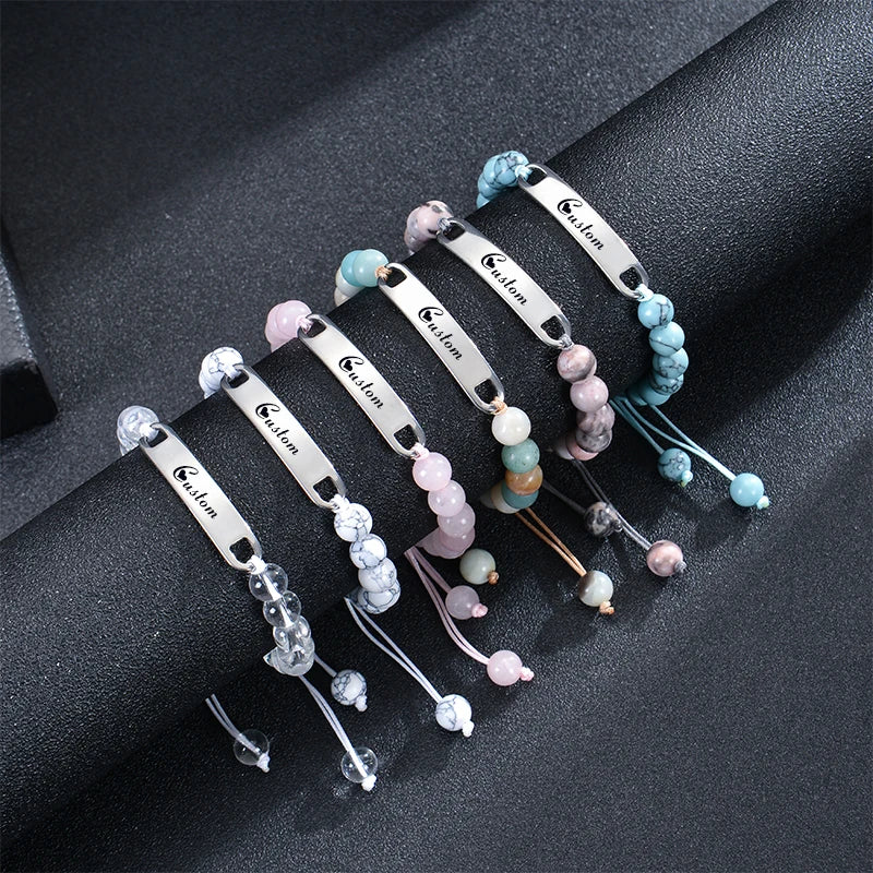 Personalized Custom Name ID Bracelet Handmade Natural Stone Braided Unisex Gift