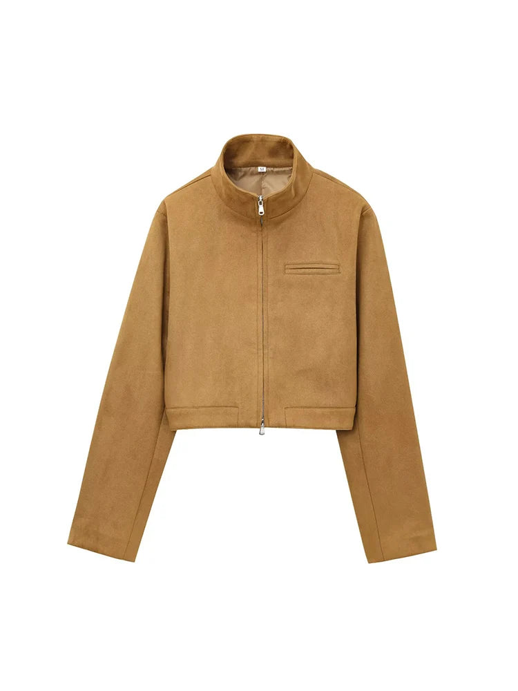 Brown Suede Stand Collar Short Jacket Zip Y2K Long Sleeve
