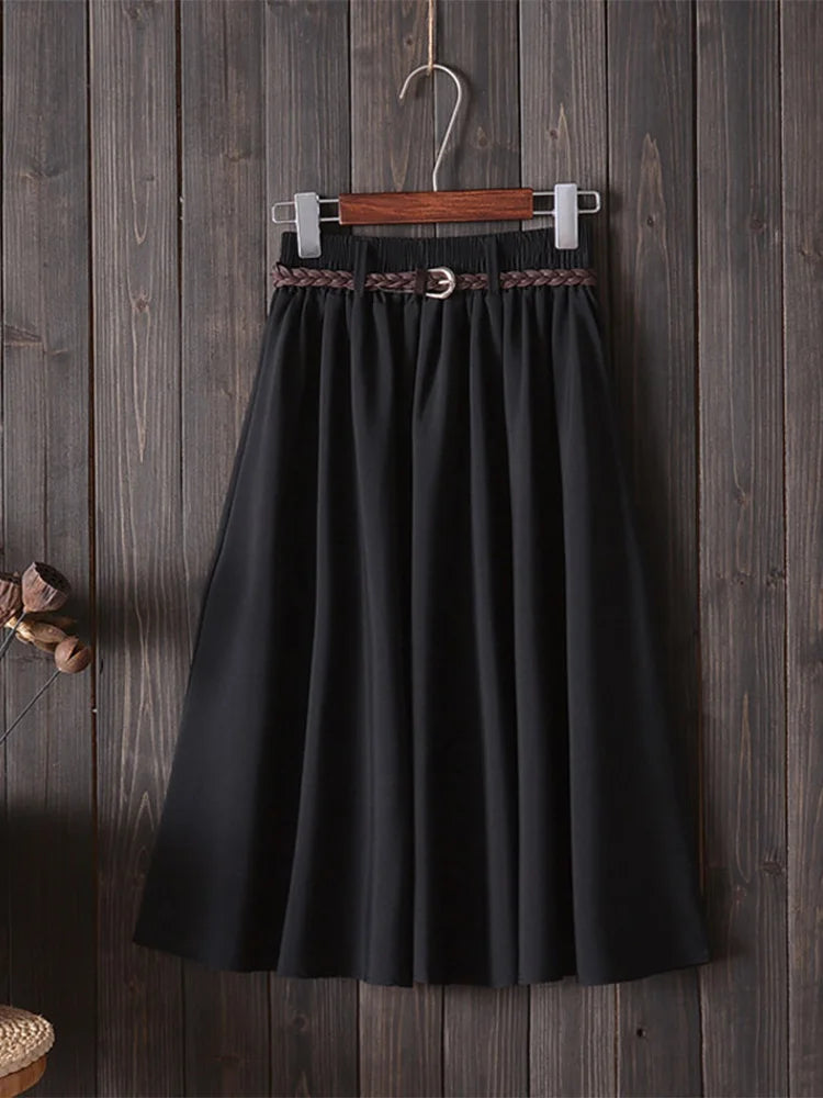 Midi Knee Length Skirt Women With Belt High Waist Pleated