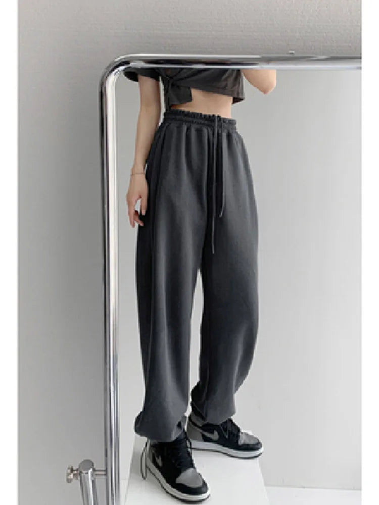 Korean White Blue High Waist Loose Drawstring Harem Pants