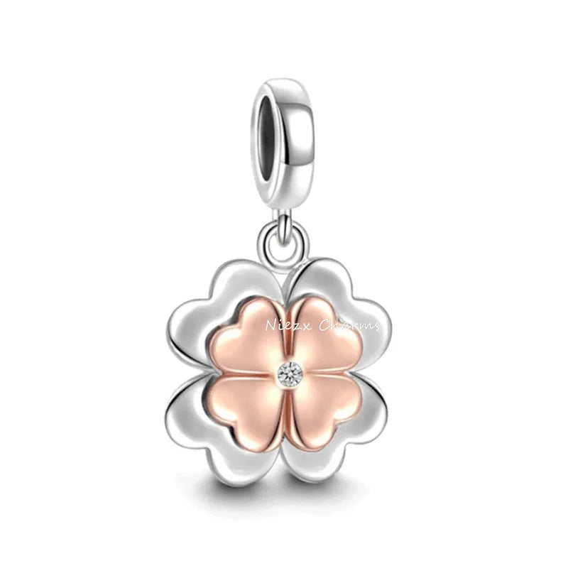 925 Sterling Silver Charm Beads for Women Bracelet - Four-Leaf Clover and Sunflower Design B921diao
