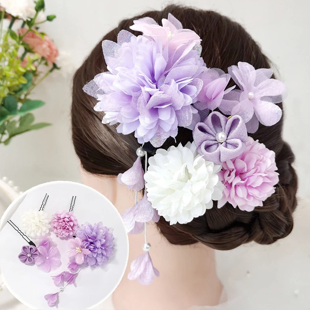 Japanese Handmade Fabric Flower Kimono Hairpin with Tassel for Weddings and Festivals
